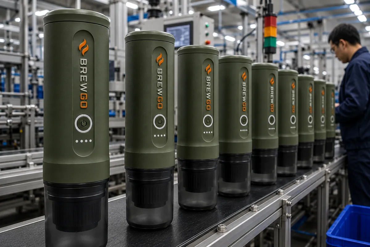Linha de produção BrewGo — espresso portátil Nomad saindo da fábrica